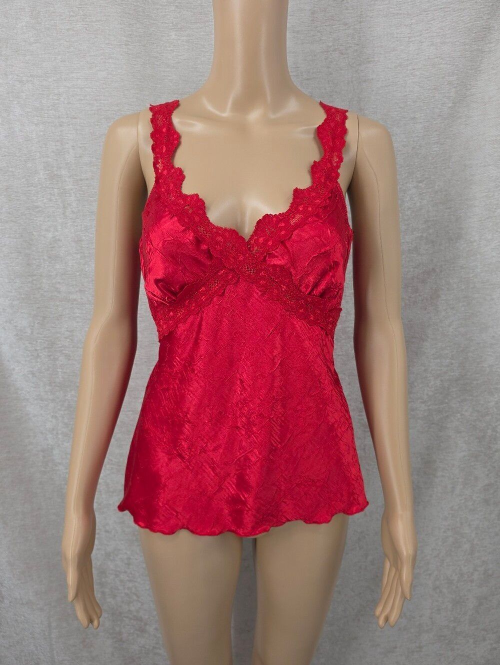 Y2K Lipstick Red Crushed Satin Lace-Trim Satin Babydoll Tie Back Cami Tank Top